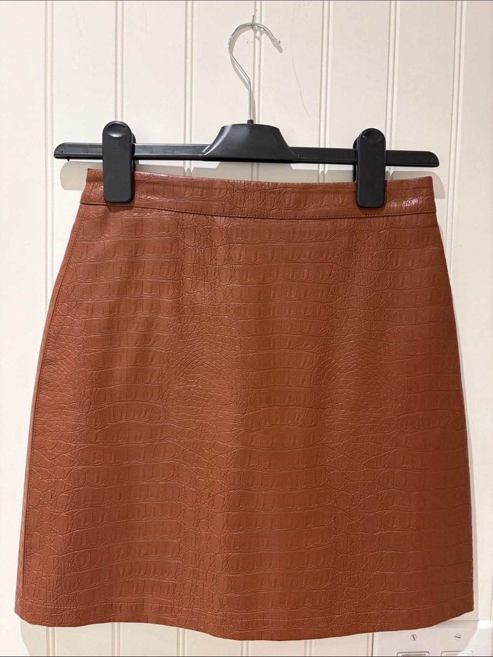 Cognac Faux Leather Croc-Embossed A-Line Skirt